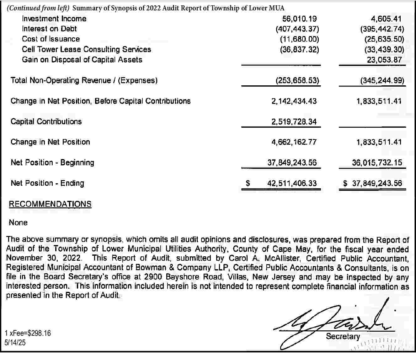 (Continued from left) Summary of  (Continued from left) Summary of Synopsis of 2022 Audit Report of Township of Lower MUA    1 xFee=$298.16  5/14/25     