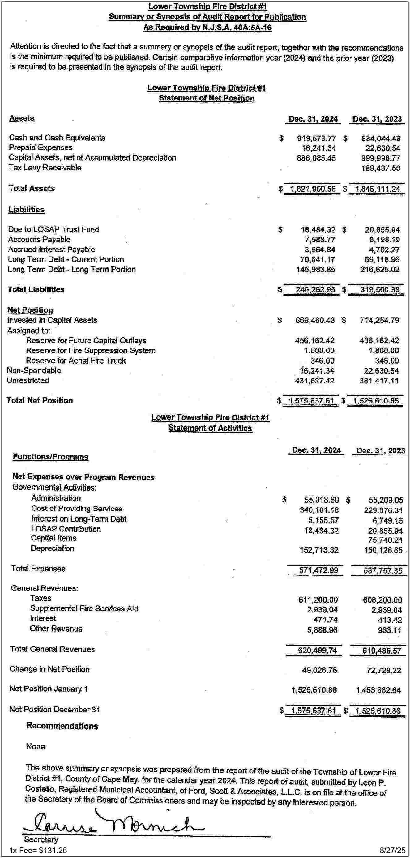 1x Fee= $131.26 							8/27/25 <br>  1x Fee= $131.26 							8/27/25     